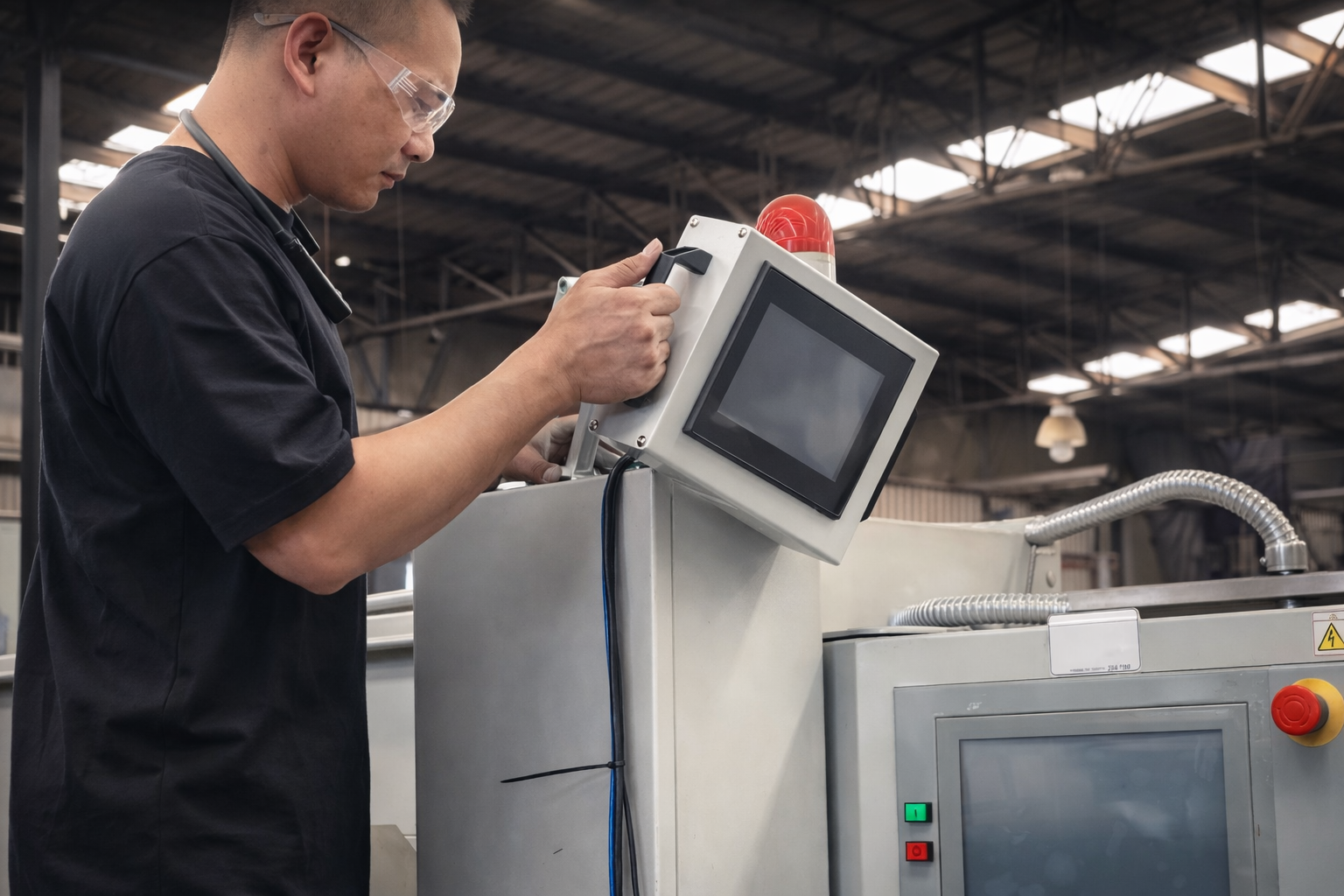 Técnico operando panel de control de máquina láser