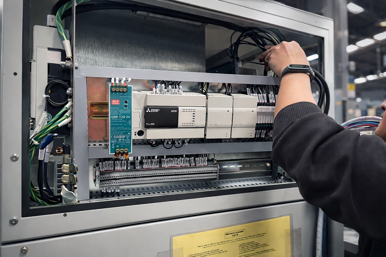 Técnico realizando mantenimiento al interior de máquina láser